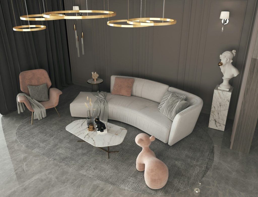 a living room with a couch and a table